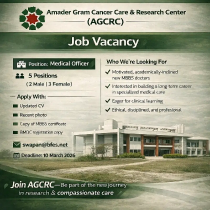 গ্রাম ক্যানসার কেয়ার সেন্টারে মেডিক্যাল অফিসার পদে নিয়োগ, আবেদনের শেষ তারিখ ১০ মার্চ ২০২৬
