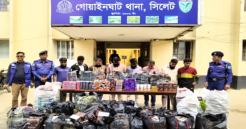 সিলেটের গোয়াইনঘাটে ভারতীয় কসমেটিকস ও শাড়ি পাচার: ৮ জন আটক, ১২ লাখ টাকার পণ্য জব্দ