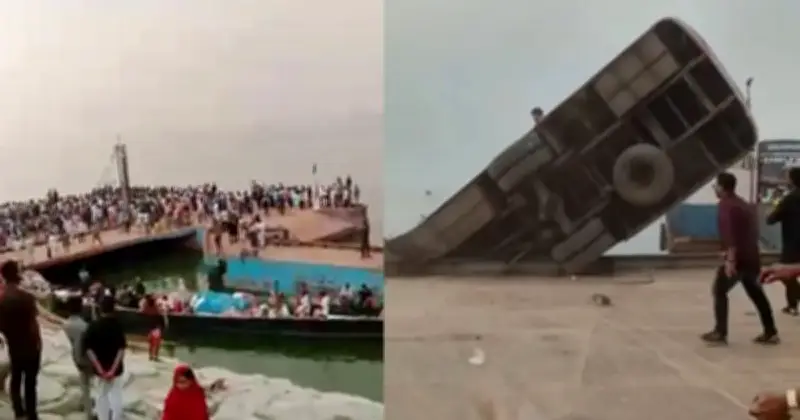 দৌলতদিয়া ঘাটে ফেরিতে উঠতে গিয়ে পদ্মায় পড়ে যাওয়া বাস পন্টুনের নিচে আটকে, উদ্ধার জটিল