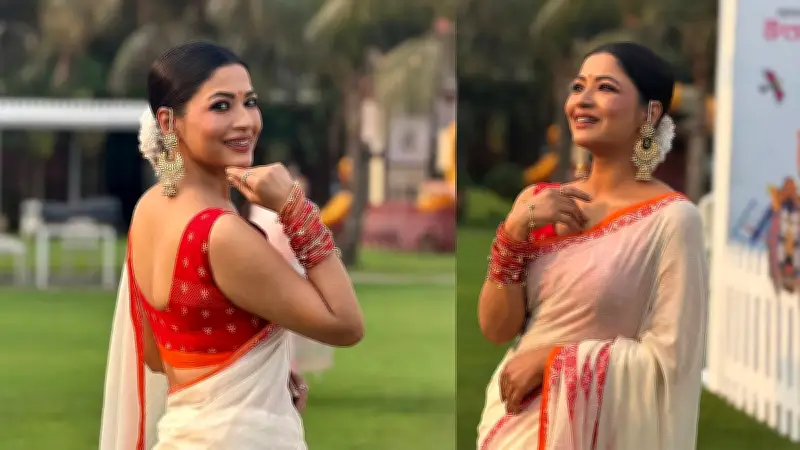 বৈশাখে আজমেরী হক বাঁধনের ঐতিহ্যবাহী সাদা-লাল শাড়ির লুক