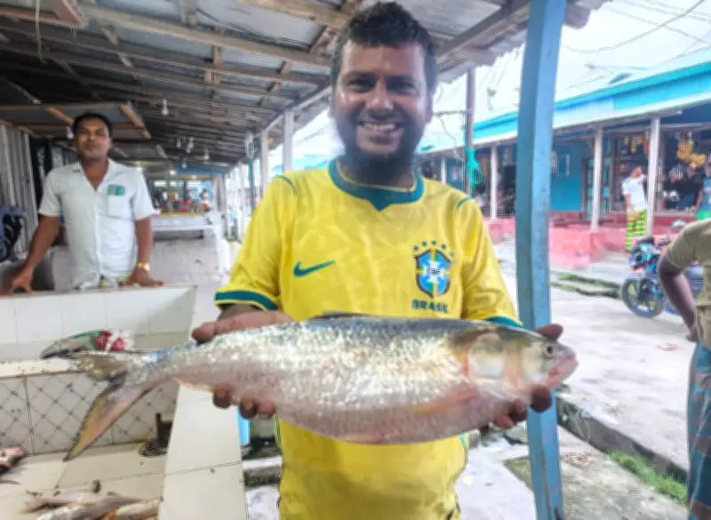 ভোলার মনপুরায় মেঘনা নদীতে ধরা পড়া ২ কেজি ৪০০ গ্রাম ওজনের ‘রাজা ইলিশ’ নিলামে ৯ হাজার ৩০০ টাকায় বিক্রি