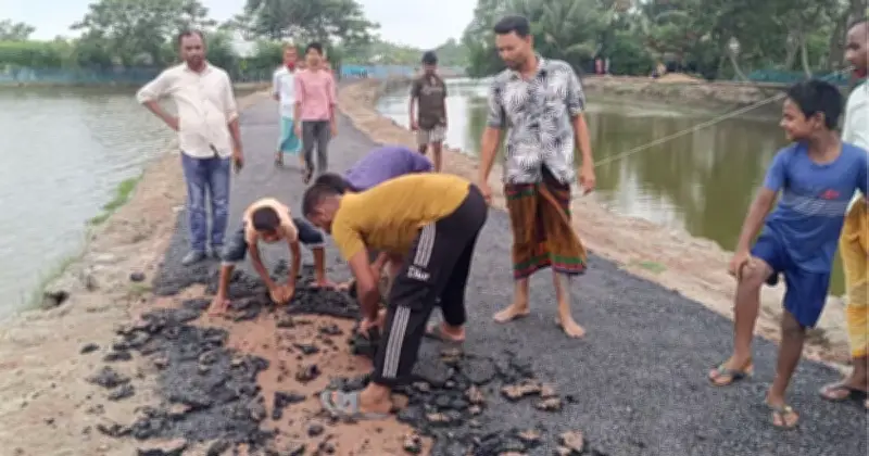 কয়রায় নতুন সড়কের পিচ উঠে যাওয়ায় ক্ষুব্ধ এলাকাবাসী, কাজ বন্ধ