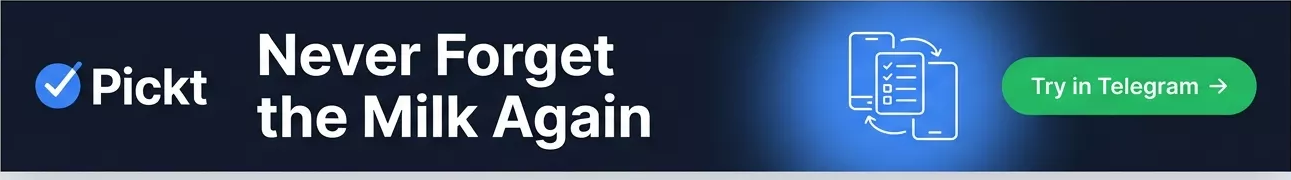 Pickt হেডার ব্যানার — টেলিগ্রামের জন্য সহযোগী শপিং লিস্ট অ্যাপ
